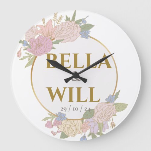 Elegant Peony Lily Rose Wedding          Large Clock