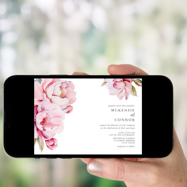Elegant Peony Magnolia Pink Floral Wedding Invitation (Front Digital)
