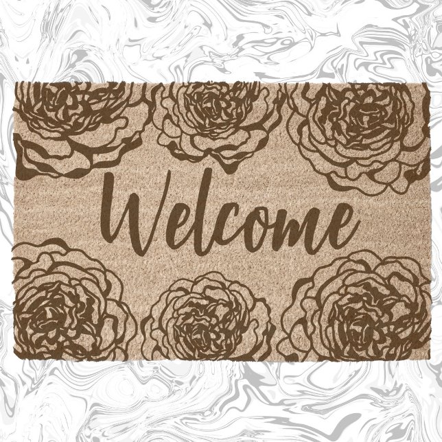 Elegant Peony Outlines Welcome coir Fiber Doormat (Creator Uploaded)