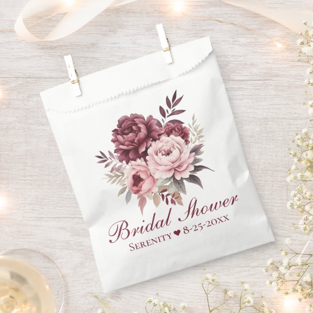 Elegant Peony Pink Burgundy Floral Bridal Shower   Favor Bag (Clipped)