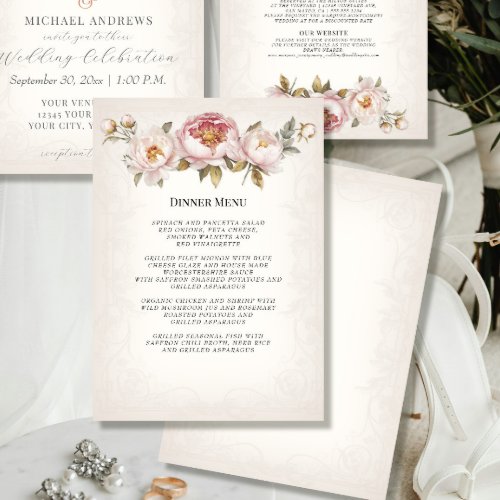 Elegant Peony Pink Floral Vintage Wedding Menu Invitation