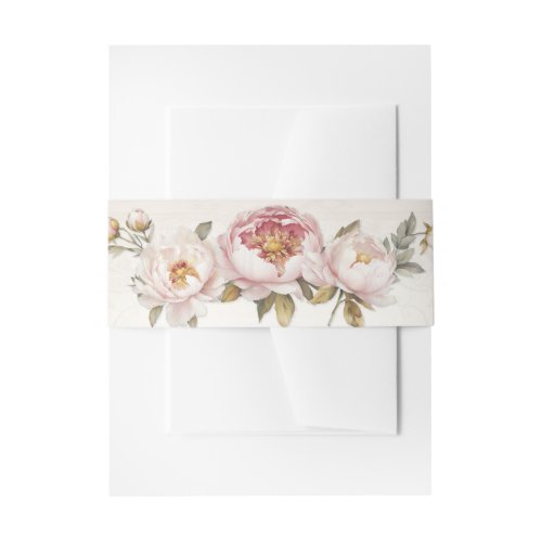 Elegant Peony Pink Floral Watercolor Wedding Invitation Belly Band