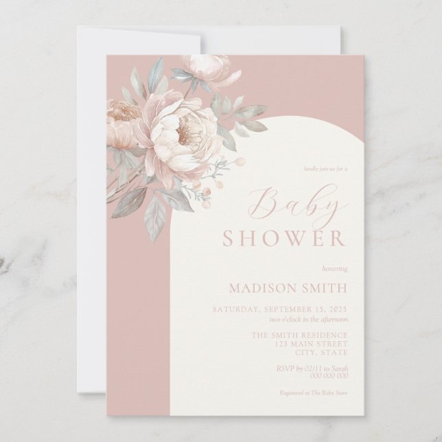 Elegant Peony Rose Dusty Pink Baby Shower Invitation (Front)