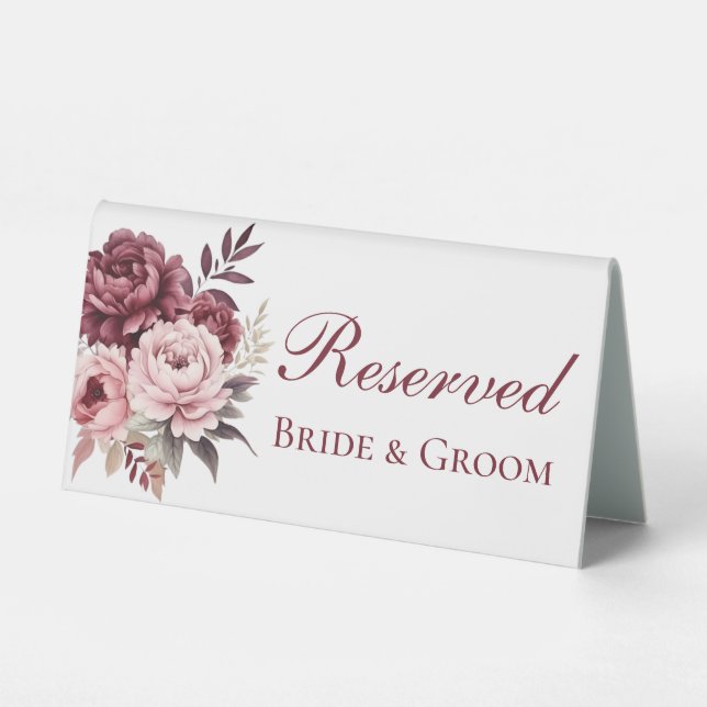 Elegant Peony Watercolor Floral Wedding Reserved Table Tent (Front)