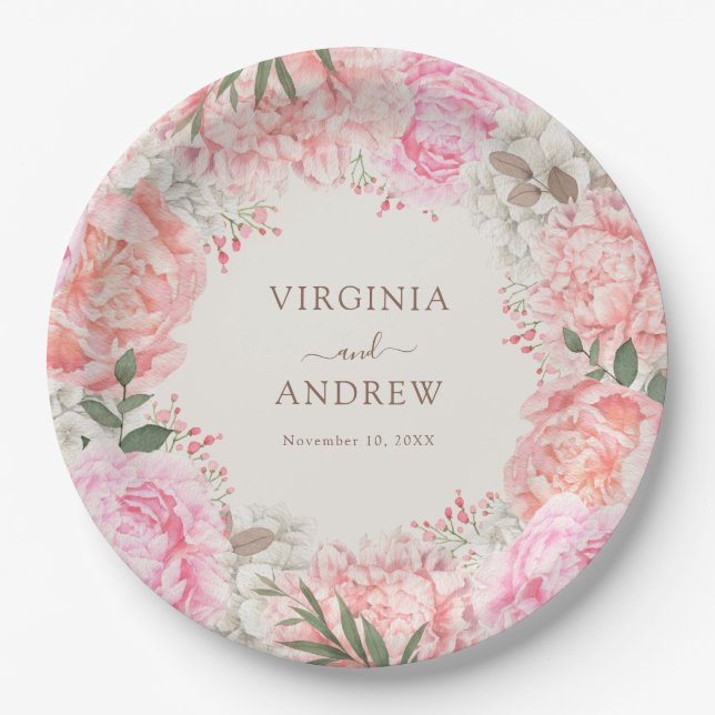 Elegant Peony Wedding Paper Plates (Front)