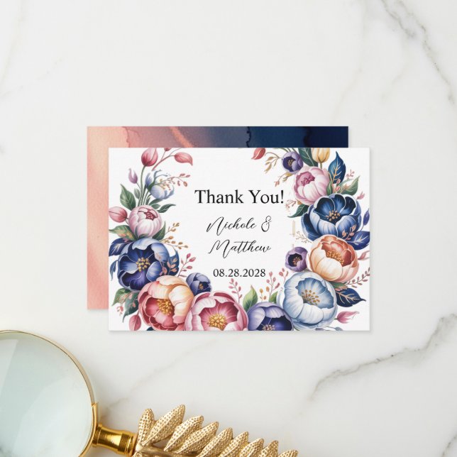 Elegant Peony Wreath For Wedding Thank You Card (Front/Back In Situ)