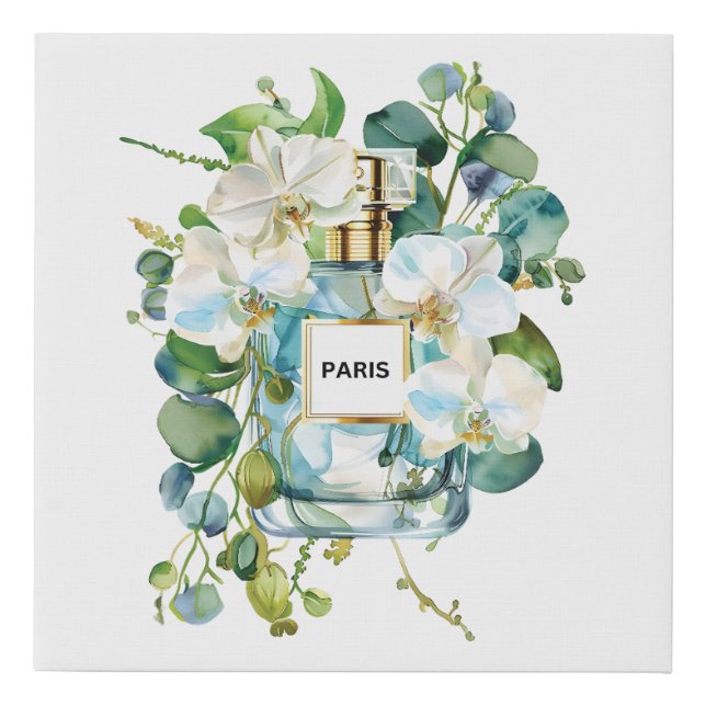 Elegant Perfume Bottle with White Orchid Faux Canvas Print (Front)