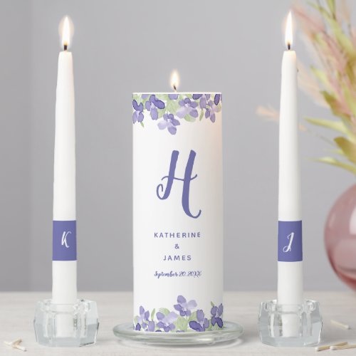 Elegant Periwinkle Blue Botanical Greenery Wedding Unity Candle Set