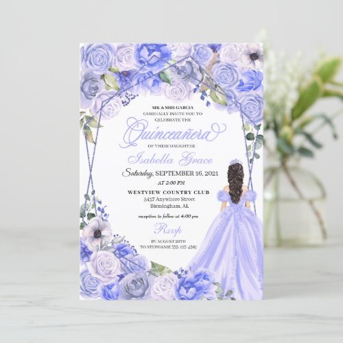 Elegant Periwinkle Blue Floral Quinceanera Invitat Invitation