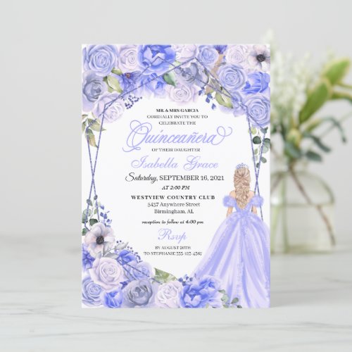 Elegant Periwinkle Blue Floral Quinceanera Invitation