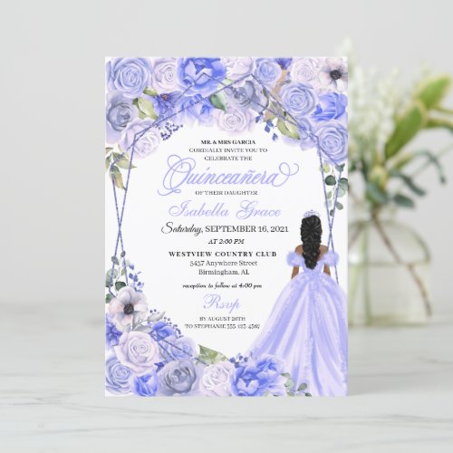 Elegant Periwinkle Blue Floral Quinceanera Invitation