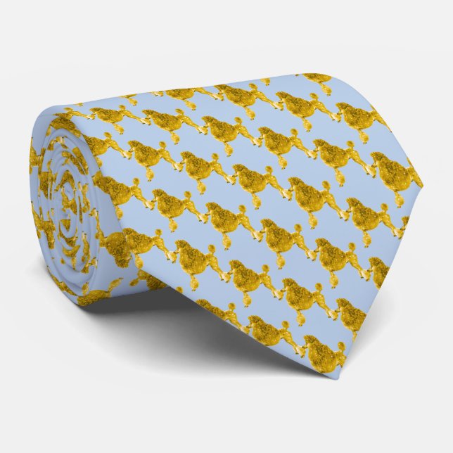 Elegant Periwinkle Blue & Gold Poodle Dog Neck Tie (Rolled)