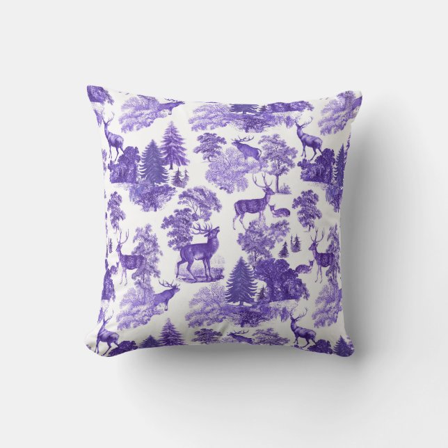 Elegant Periwinkle Blue Toile Deer in Woods Throw Pillow (Front)