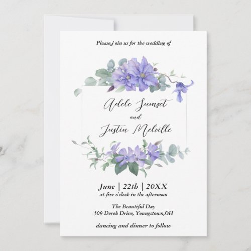 Elegant  periwinkle clematis frame Wedding   Invitation