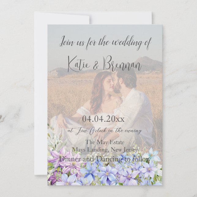 Elegant Periwinkle Clematis Photo QR Code Wedding Invitation (Front)