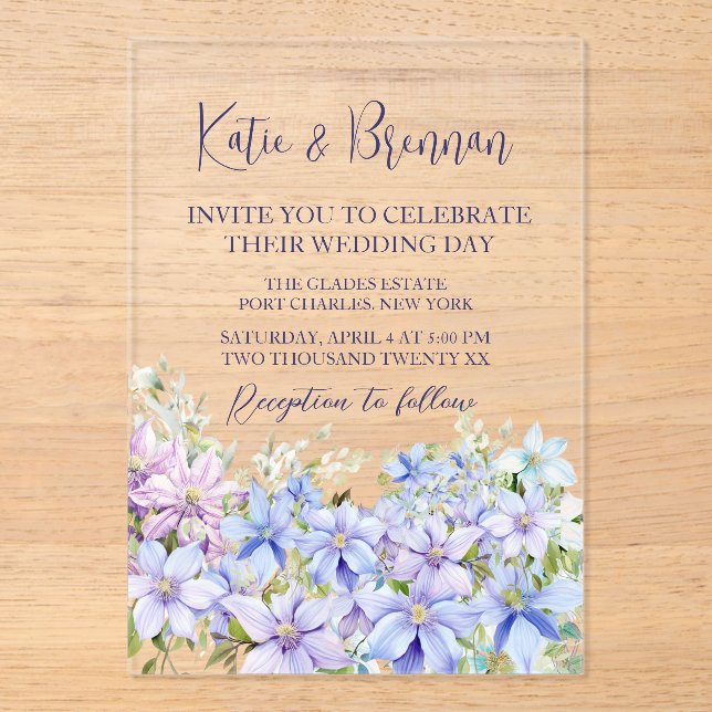 Elegant Periwinkle Clematis Wedding Acrylic Invitations (Front)