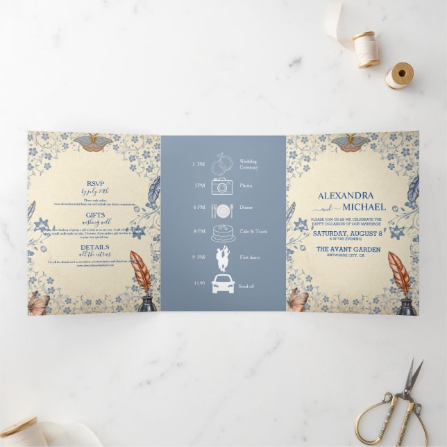 Elegant Periwinkle Floral Wedding Tri-Fold Invitation (Inside)