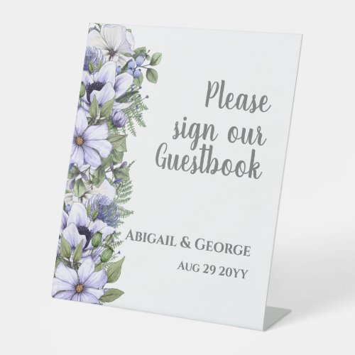 Elegant Periwinkle Purple Green Florals Wedding Pedestal Sign