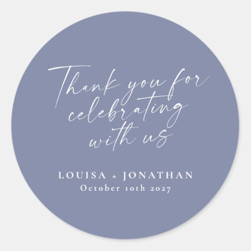 Elegant Periwinkle Trendy Script Custom Thank You Classic Round Sticker