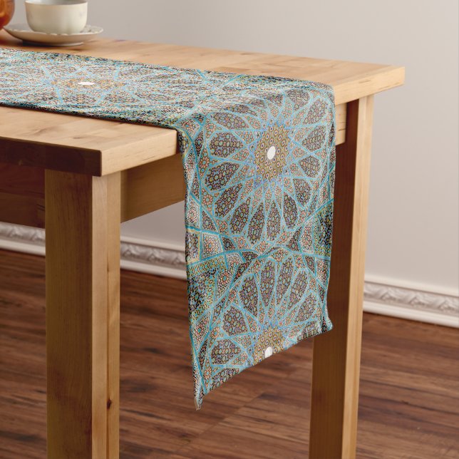 Elegant Persian Blue Arabesque Oriental Pattern Long Table Runner (In Situ)