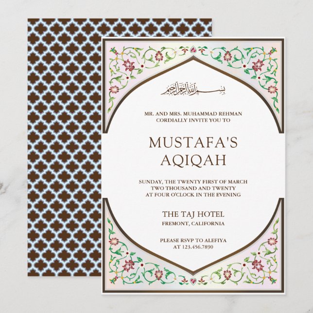 Elegant Persian Mosaic Art Islamic Aqiqah Invitation (Front/Back)