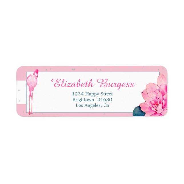 Elegant Personal Pink Stripe Flamingo Rose Silver Label (Front)
