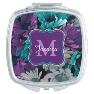 Elegant Personalised Purple and Blue Flowers Compact Mirror