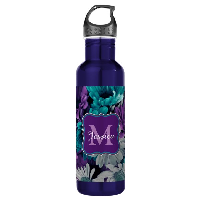 Elegant Personalised Purple and Blue Flowers Stainless Steel Water Bottle (Front)