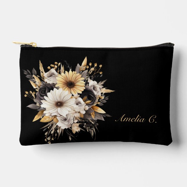 Elegant Personalize Black & Gold Flowers Accessory Pouch (Front)