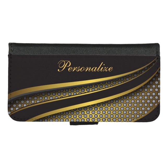 Elegant Personalize Gold and Black Metal Design iPhone Wallet Case (Front (Horizontal))