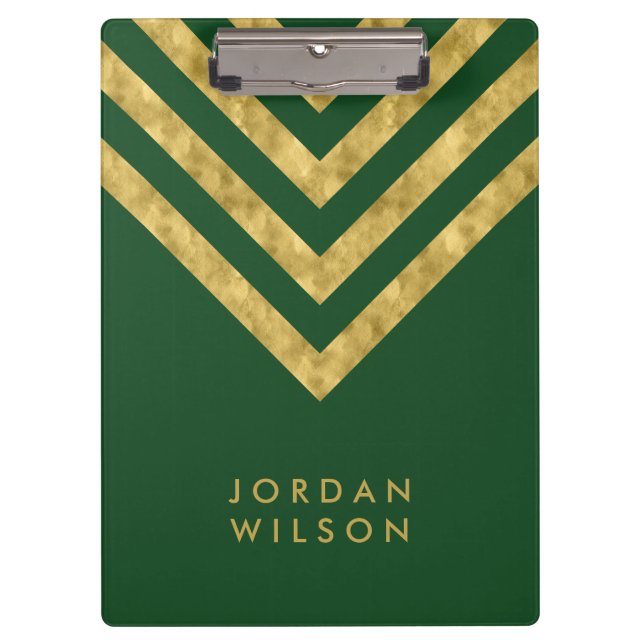 Elegant Personalize Name Green Faux Gold Chevron Clipboard (Front)