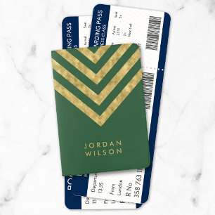 Elegant Personalize Name Green Faux Gold Chevron Passport Holder