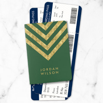 Elegant Personalize Name Green Faux Gold Chevron Passport Holder by RosewoodandCitrus at Zazzle