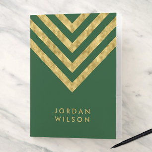 Elegant Personalize Name Green Faux Gold Chevron Pocket Folder