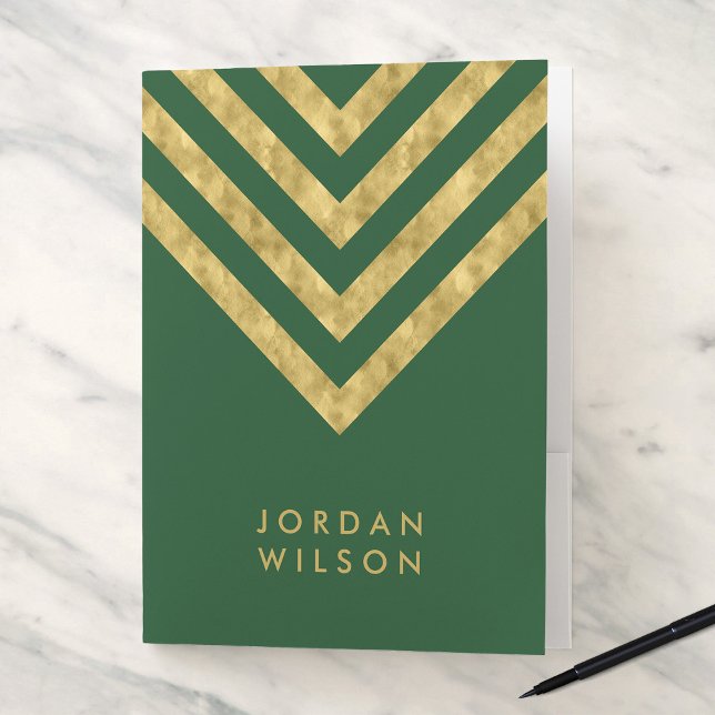 Elegant Personalize Name Green Faux Gold Chevron Pocket Folder (Creator Uploaded)