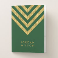Elegant Personalize Name Green Faux Gold Chevron Pocket Folder