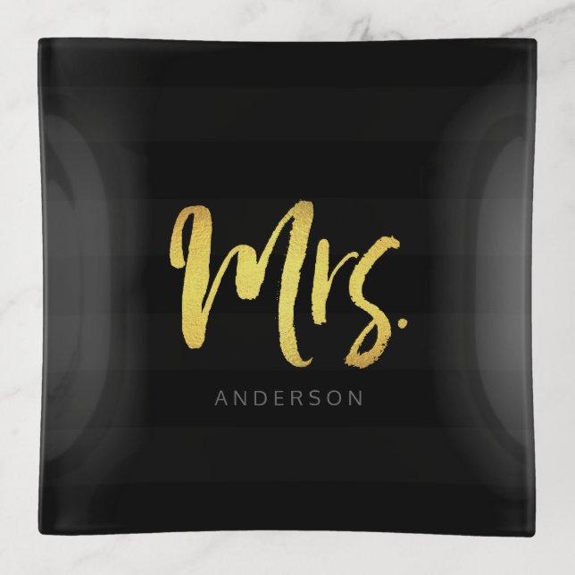 Elegant Personalize with Name Mrs Black Stripes Trinket Tray (Front)