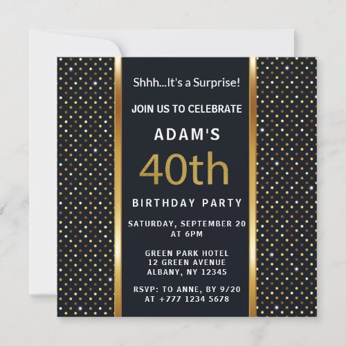 Elegant Personalized 40th Birthday Gold And Black Invitation