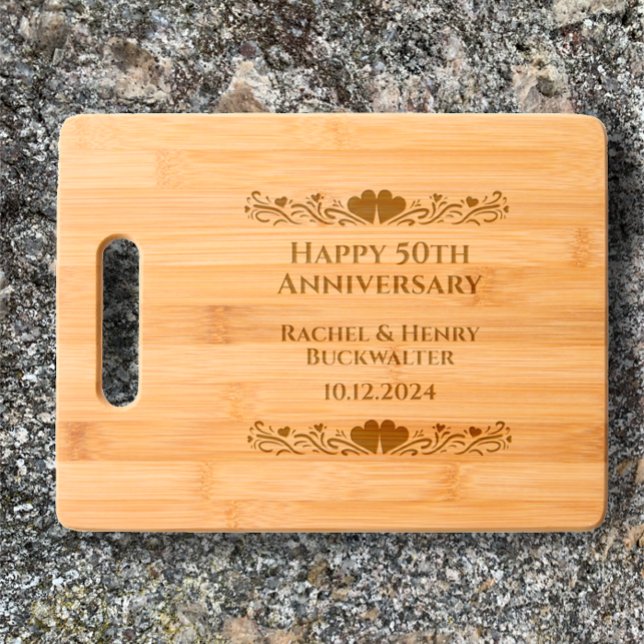 Elegant Personalized 50th Anniversary Gift Etched  Engraved Cutting Board (Create a custom 50th Wedding Anniversary Gift with couples name and date. Original modern monogram.)