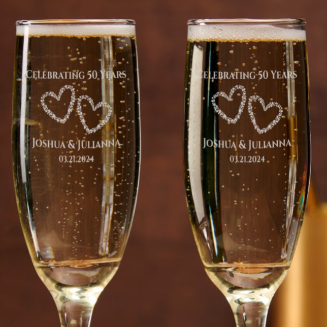 Elegant Personalized 50th Wedding Anniversary Gift Champagne Flute (Add names and 50th wedding anniversary date to my unique hearts etched glass keepsake gift
)