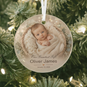 Elegant Personalized Baby Boy Photo Keepsake Glass Ornament