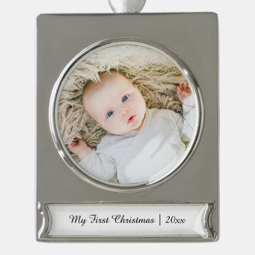 Elegant Personalized Babys First Christmas Photo Silver Plated Banner Ornament