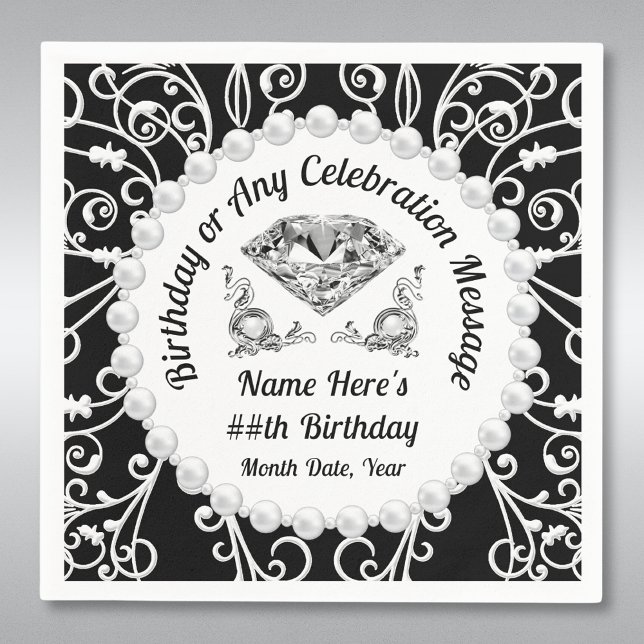Elegant Personalized, Birthday Paper Napkins (Birthday Napkins Personalized, Black and White Napkins for Her. Diamond and Pearls Birthday Party. )
