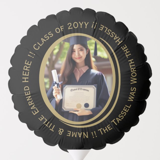 Elegant Personalized Black and Gold Graduate Photo Balloon (Back)