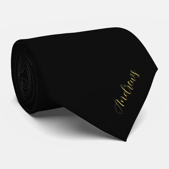 Elegant Personalized Black And Gold Script  Neck Tie (Rolled)