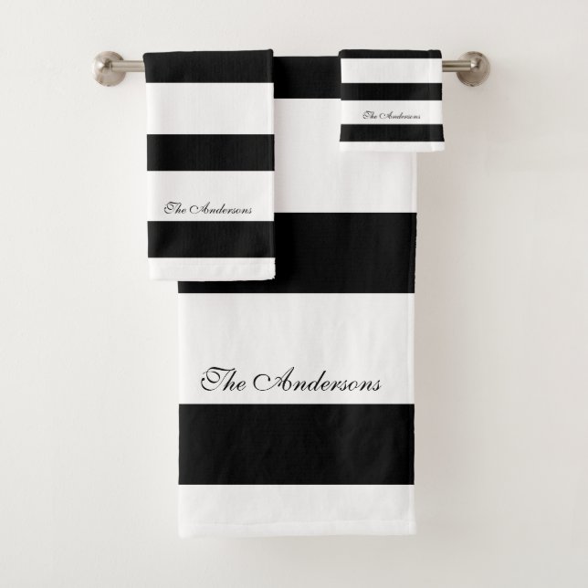 Elegant Personalized Black and White Stripes Bath Towel Set (Insitu)