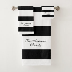 Elegant Personalized Black and White Stripes Bath Towel Set