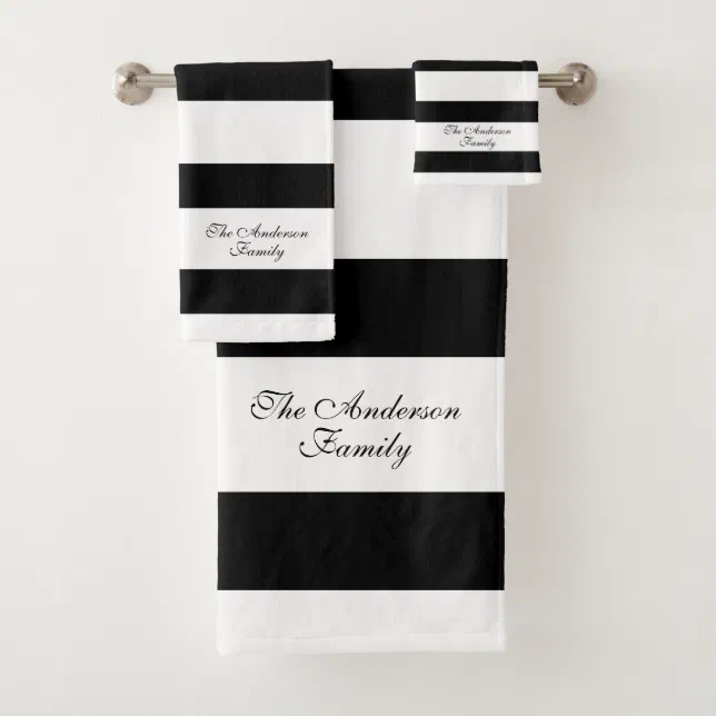 Elegant Personalized Black And White Stripes Bath Towel Set Zazzle