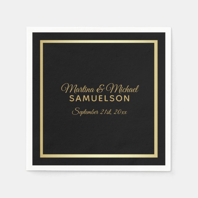 Elegant Personalized Black Gold Frame Wedding Paper Napkins (Front)