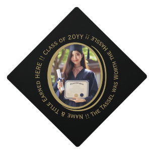 Elegant Personalized Black & Gold Graduate Photo Graduation Cap Topper